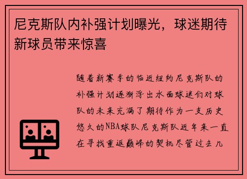 尼克斯队内补强计划曝光，球迷期待新球员带来惊喜