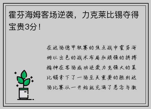 霍芬海姆客场逆袭，力克莱比锡夺得宝贵3分！
